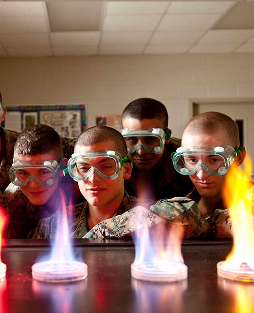 Students in chemistry watching colored flames during an experiment.